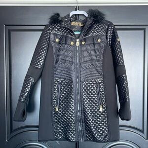 Michael Kors black coat with gold trim.